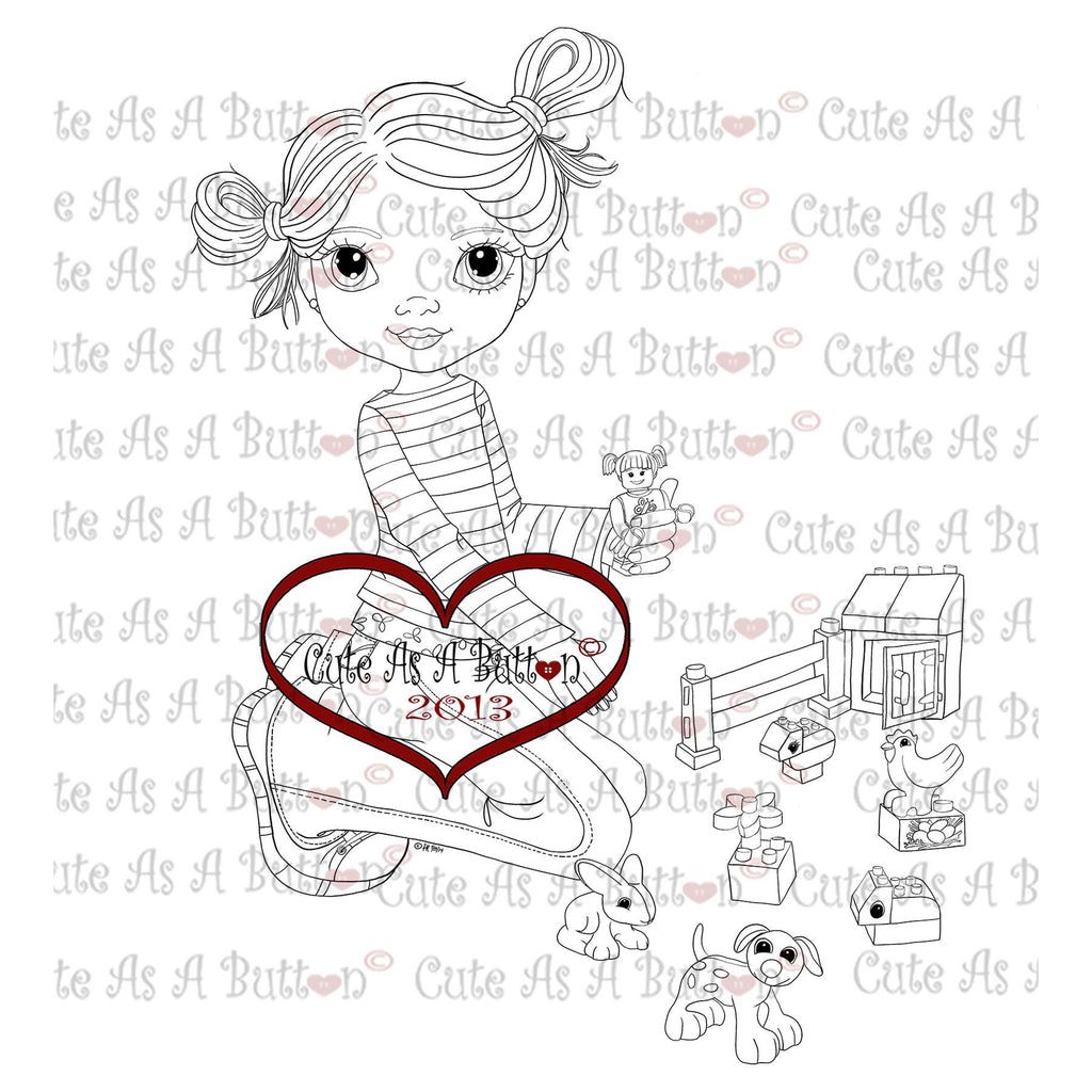 Cute As A Button Stamps Girl playing legos Digistamp