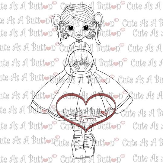 Cute As A Button Stamps Girl Holding Snow Globe Digistamp