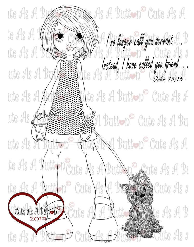 Cute As A Button Stamps Girl with Yorkie Digistamp