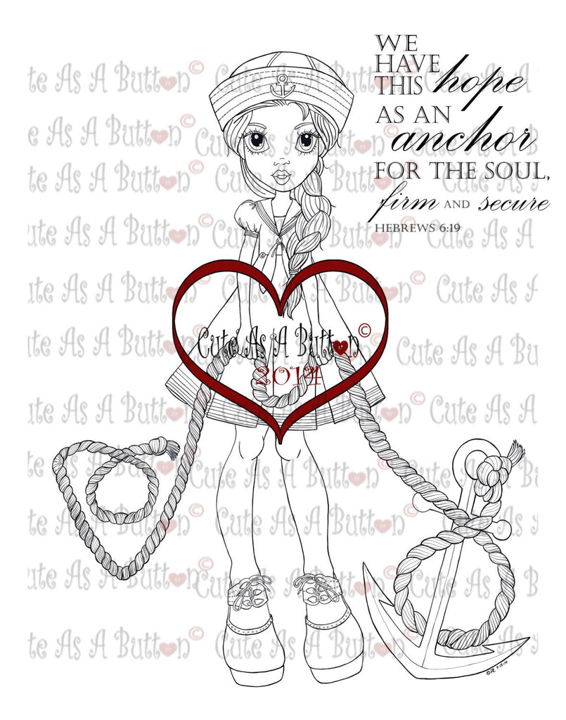 Cute As A Button Digistamp Sailor Girl Holding Anchor Digistamp
